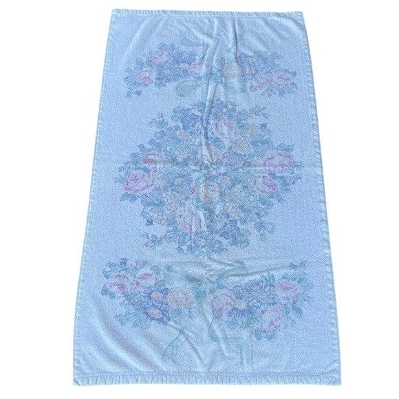 Vintage Cottagecore Floral Bow Coquette Bath Towel Cotton Velour 26” x 45” GUC - Picture 2 of 7